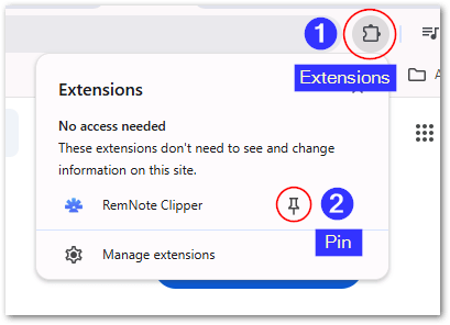 Extensions Icon and Pin